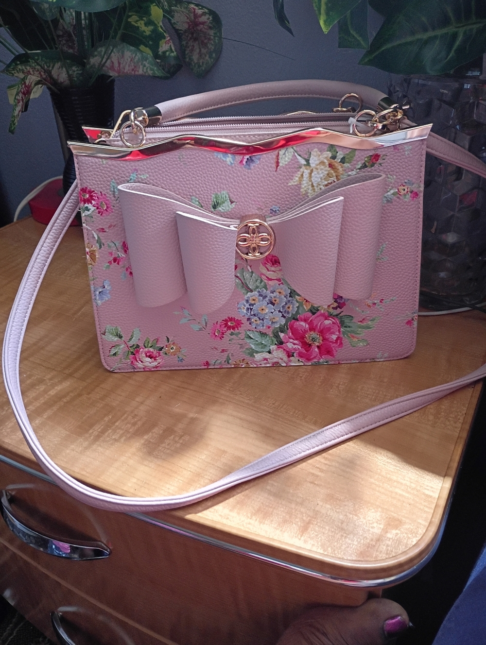 Floral Bow Accent Pink Crossbody Bag
